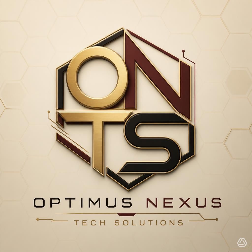 Optimus Nexus Tech Solutions hexagon logo in gold, maroon and black