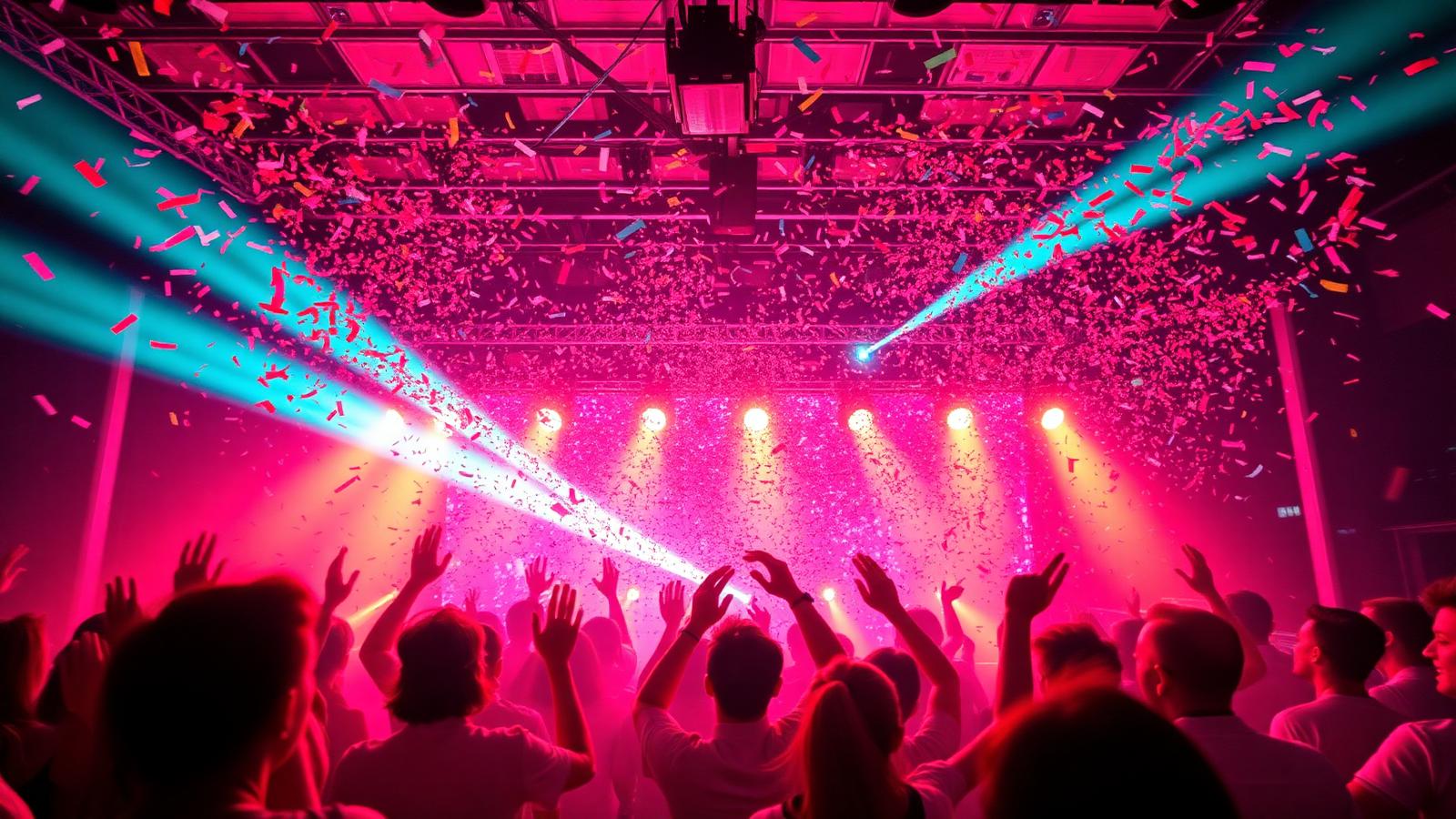 Confetti falling over a crowd at a colorful party
